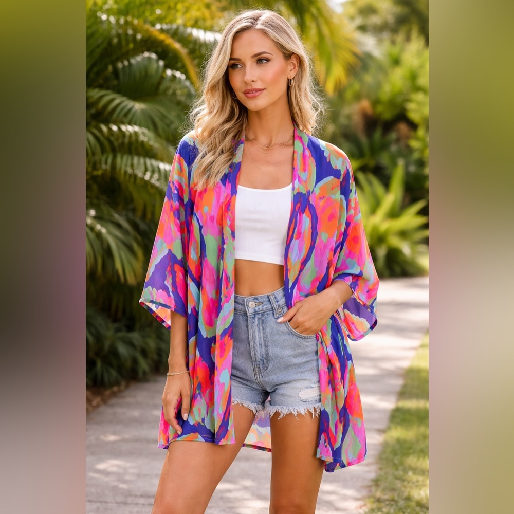 Adrienne Free Spirit  kimonoColorful Ikat Blouse Size Small NWT Dopamine